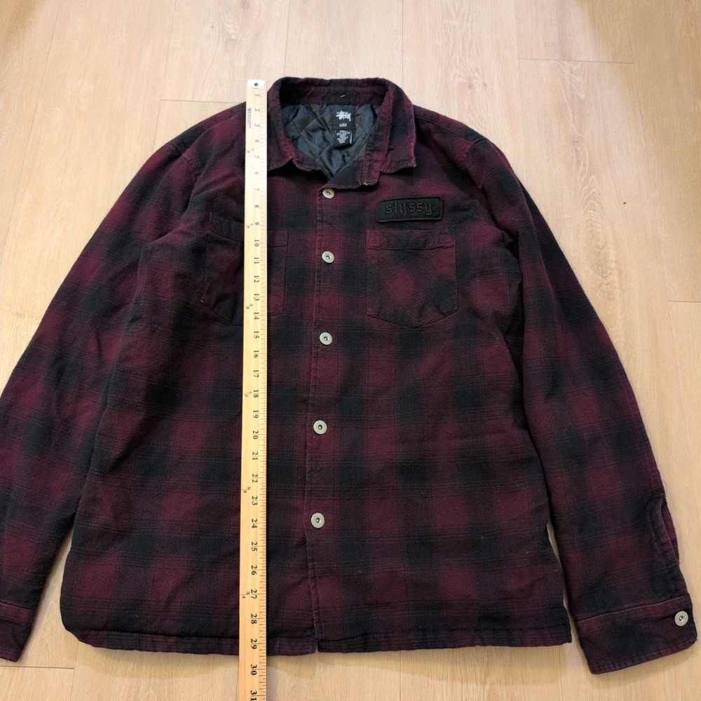 Stussy Men's XL Quilted Flannel Shirt Jacket Burgundy Black Plaid Logo Patch - Picture 4 of 10